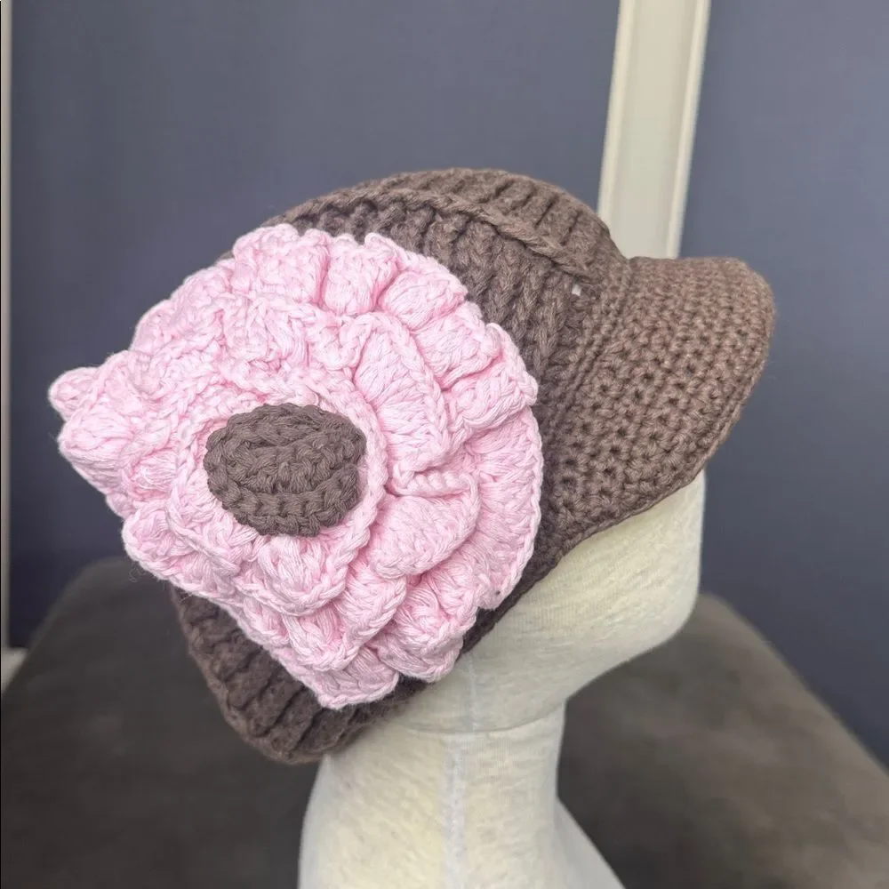 Daisy Baby Girls Frannie Brown Hat Pink Peony & Visor 100% Cotton 0-6 months NEW